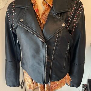 Blank NYC Black Leather Jacket with Pink Studs